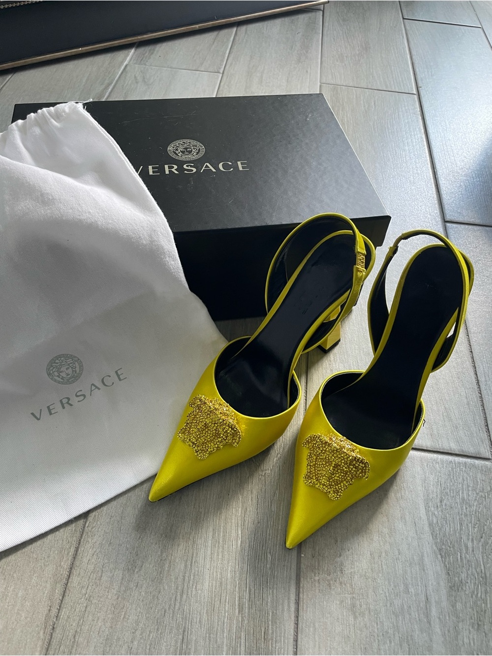 Authentic Versace Crystal Medusa Satin Slingback Heels Yellow Size 36